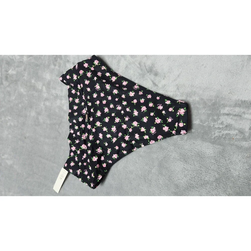 Victoria's Secret L Black Floral Ruffle High Waist‎ Brazilian Bikini Bottom NWT